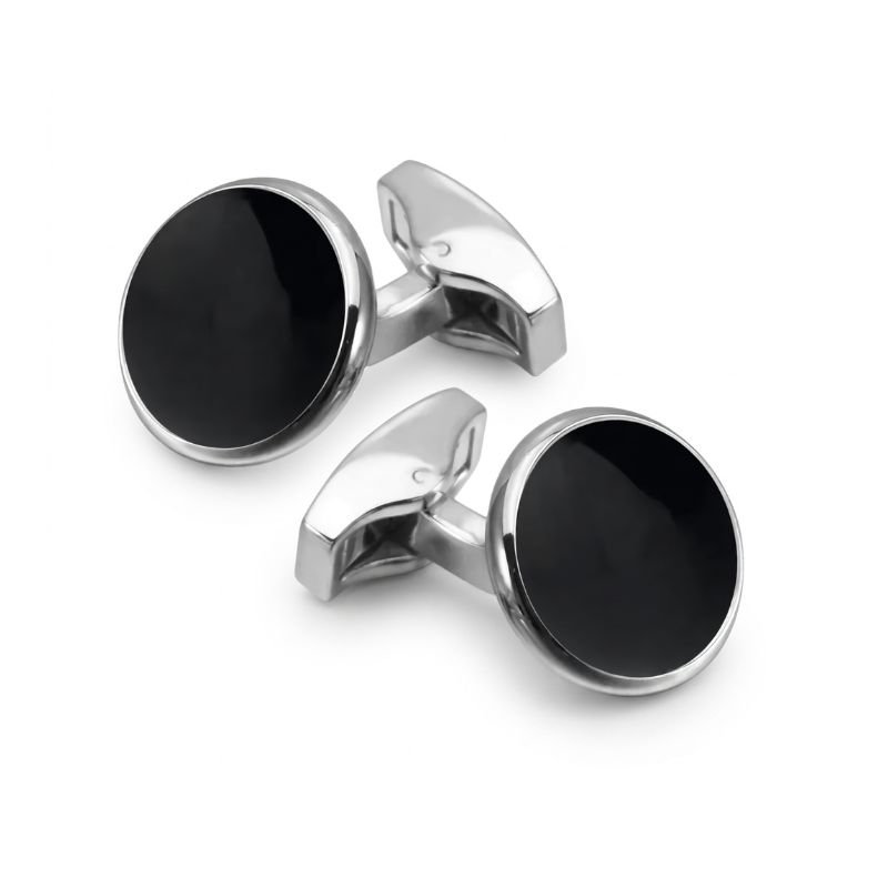 Boutons de manchette ronds en acier et émail noir