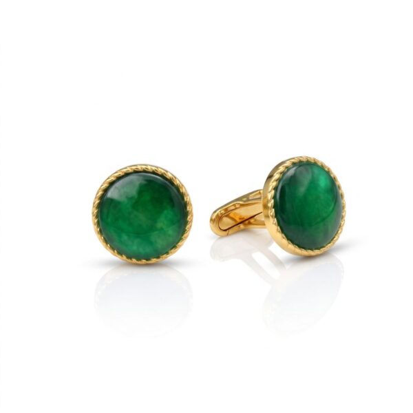 Boutons de manchette femme ronds dorés avec pierre vert émeraude