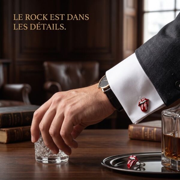 Homme en costume gris ajustant des boutons de manchette fantaisie en forme de bouche rouge tirant la langue.