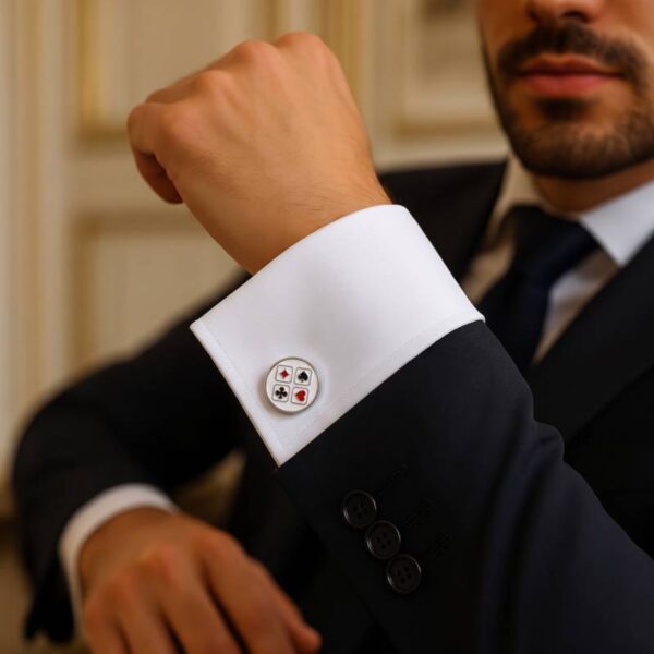 Boutons de manchette argentés avec motifs de cartes à jouer.