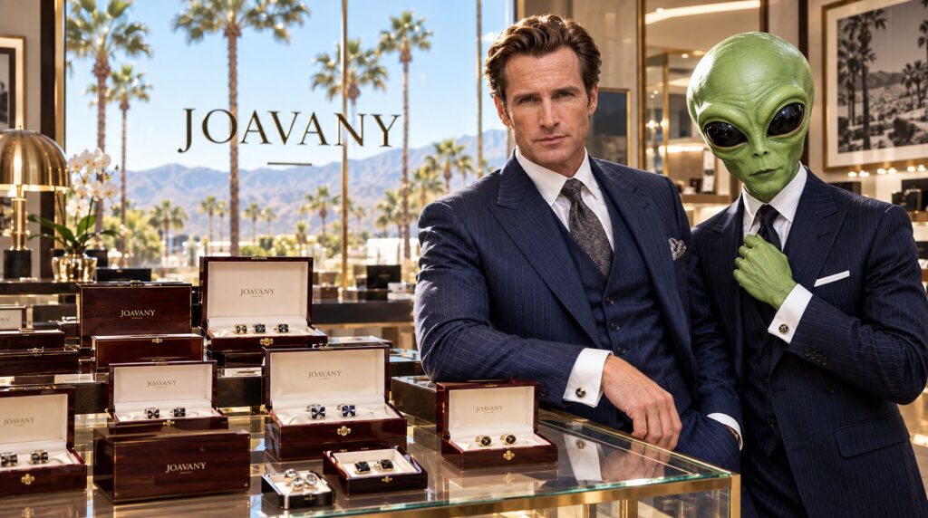 Plusieurs boîtes pour boutons de manchette en bois vernis exposées sur un comptoir de boutique de luxe, accompagnées d'un homme en costume et de la mascotte alien Joavany