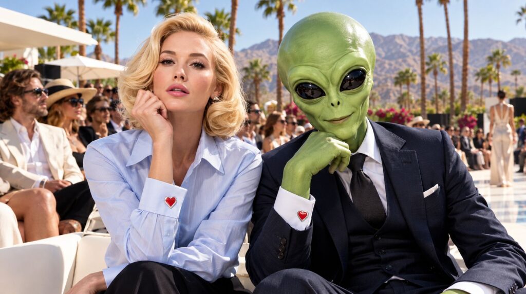 Femme élégante et mascotte alien Joavany portant des boutons de manchette pour femme en forme de cœur rouge lors d'un défilé de mode
