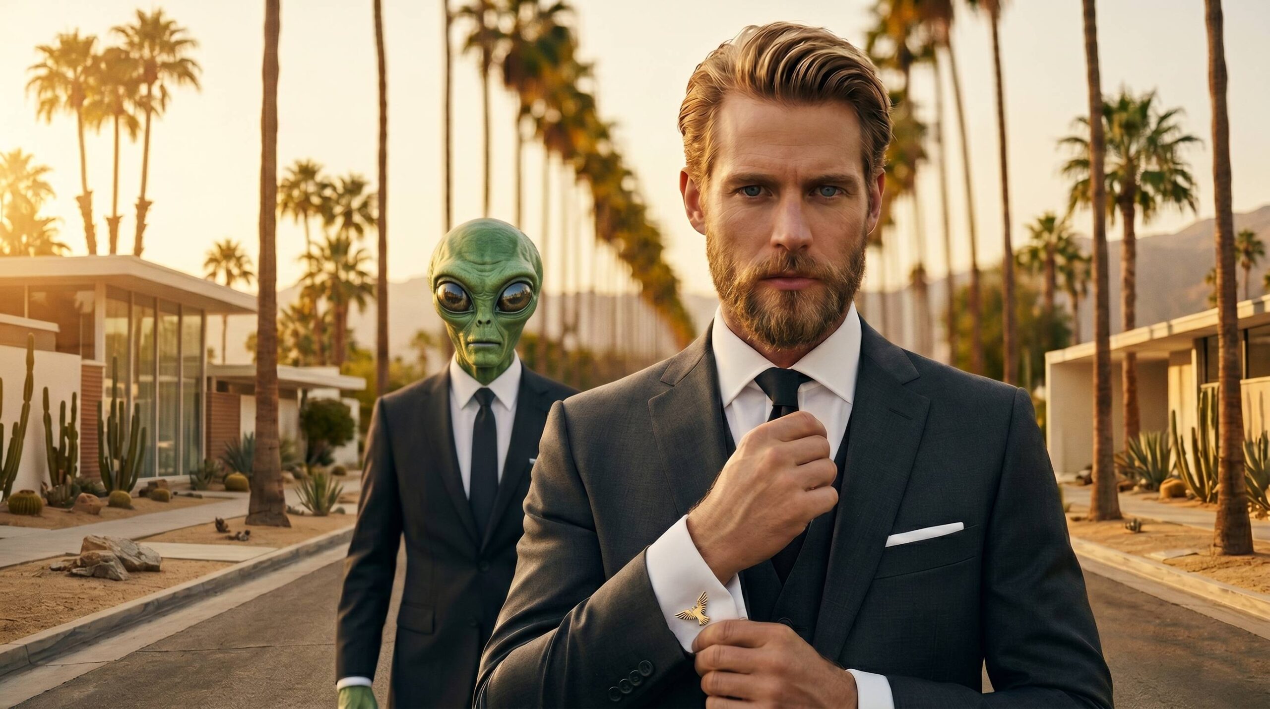 Homme en costume ajustant des boutons de manchette pour homme en forme de phénix doré, avec la mascotte alien Joavany