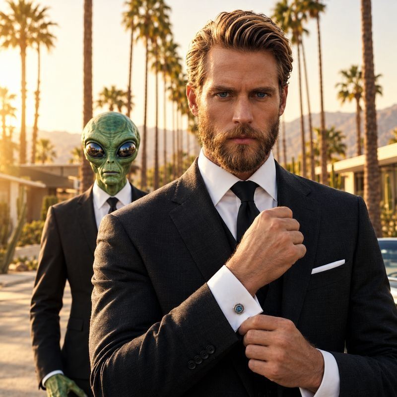 Collection de boutons de manchette pour homme, présentée par un homme élégant en costume ajustant sa chemise, accompagné de la mascotte Sirius en arrière-plan sous les palmiers.